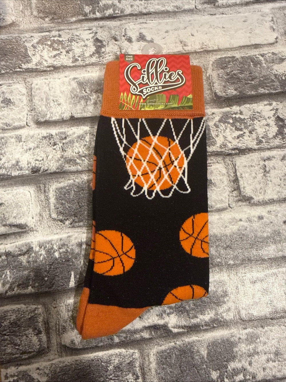 Sillies Socks Basketball Unisex Socks One Size NWT Black Orange Hoop